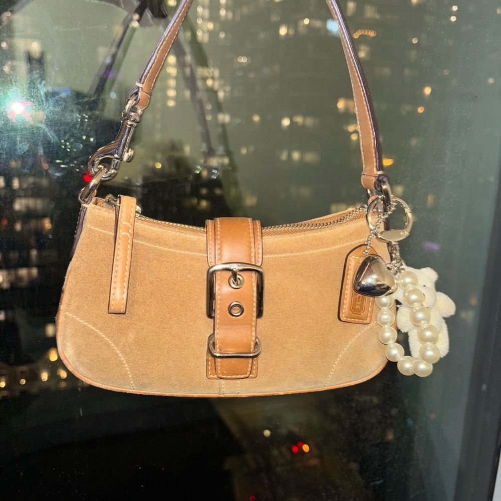 Brown Shoulder Bag with Pearl Charm